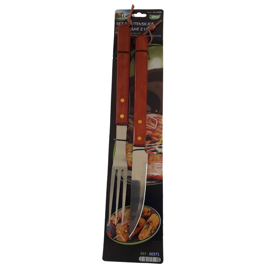 set parrillero 2 piezas cuchillo tenedor para asados madera y metal